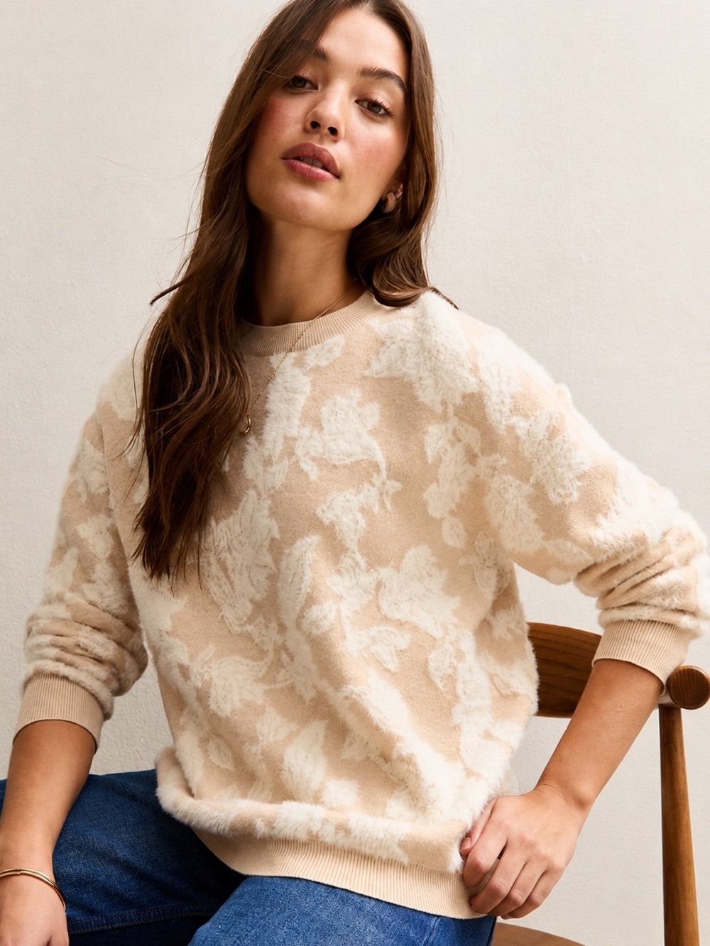 Rachel Zoe Ivory Floral Jacquard Knit Sweater Women’s 1X Crew Neck Textured NWT